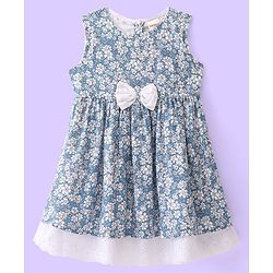 Babyhug Viscose Woven Sleeveless Frock With Bloomer & Cap With Floral Print & Lace Detailing -Blue