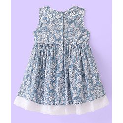Babyhug Viscose Woven Sleeveless Frock With Bloomer & Cap With Floral Print & Lace Detailing -Blue