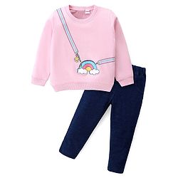 Babyhug Cotton Knit Full Sleeves Top & Lounge Pants Set With Rainbow Print - Pink & Blue
