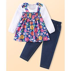 Babyhug Single Jersey Knit Full Peasant Sleeves T-Shirt & Floral Printed Top with Jeans -  White Navy Blue