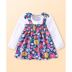 Babyhug Single Jersey Knit Full Peasant Sleeves T-Shirt & Floral Printed Top with Jeans -  White Navy Blue