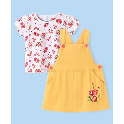Babyhug Cotton Knit Frock with Half Sleeves Inner T-Shirt Floral Print - Yellow