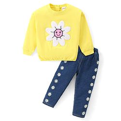 Babyhug Cotton Knit Premium Light Gauge Terry Full Sleeves T-Shirt & Denim Pants Set With Floral Applique & Embroidery - Yellow & Blue