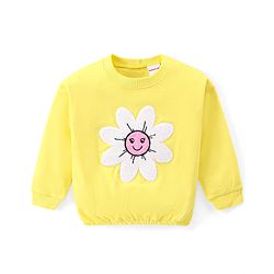 Babyhug Cotton Knit Premium Light Gauge Terry Full Sleeves T-Shirt & Denim Pants Set With Floral Applique & Embroidery - Yellow & Blue