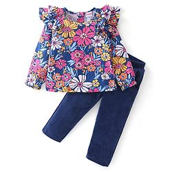 Babyhug Single Jersey Knit Full Sleeves Top & Leggings Set with Floral Print & Frill Detailing - Navy Blue