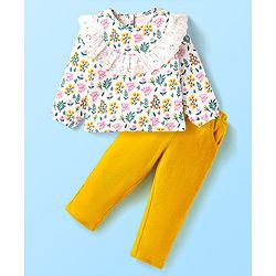 Babyhug Single Jersey Knit Full Sleeves Floral Printed Top & Pants Set - Yellow & White