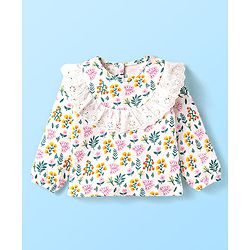 Babyhug Single Jersey Knit Full Sleeves Floral Printed Top & Pants Set - Yellow & White
