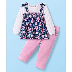Babyhug Single Jersey Knit Full Sleeves Top & Lounge Pant Set With Floral Printed Frock & Bow Applique - Navy Blue White & Pink