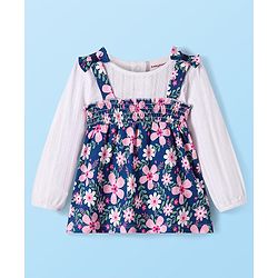 Babyhug Single Jersey Knit Full Sleeves Top & Lounge Pant Set With Floral Printed Frock & Bow Applique - Navy Blue White & Pink