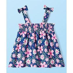 Babyhug Single Jersey Knit Full Sleeves Top & Lounge Pant Set With Floral Printed Frock & Bow Applique - Navy Blue White & Pink