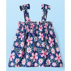 Babyhug Single Jersey Knit Full Sleeves Top & Lounge Pant Set With Floral Printed Frock & Bow Applique - Navy Blue White & Pink