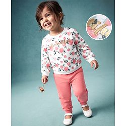 Babyhug Single Jersey Knit Full Sleeves Tee & Pant Set with Floral Print - White & Pink