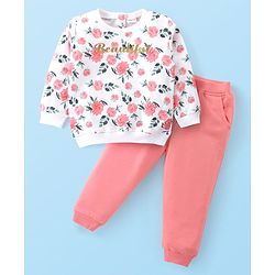 Babyhug Single Jersey Knit Full Sleeves Tee & Pant Set with Floral Print - White & Pink
