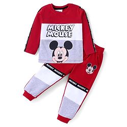 Babyhug Disney Single Jersey Knit Full Sleeves Cut & Sew T-Shirt & Lounge Pant Set with Mickey Mouse Print - Red White & Grey