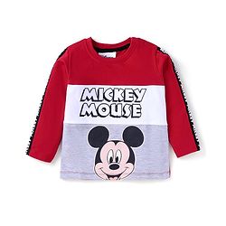 Babyhug Disney Single Jersey Knit Full Sleeves Cut & Sew T-Shirt & Lounge Pant Set with Mickey Mouse Print - Red White & Grey