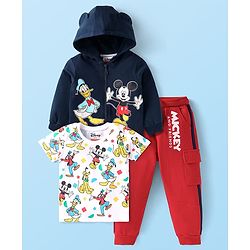 Babyhug Disney Single Jersey Knit Full Sleeves Front-Zipper Mickey Mouse Graphic Print Hooded Jacket with with T-Shirt & Joggers Set - Red Navy Blue & White
