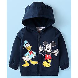 Babyhug Disney Single Jersey Knit Full Sleeves Front-Zipper Mickey Mouse Graphic Print Hooded Jacket with with T-Shirt & Joggers Set - Red Navy Blue & White
