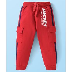 Babyhug Disney Single Jersey Knit Full Sleeves Front-Zipper Mickey Mouse Graphic Print Hooded Jacket with with T-Shirt & Joggers Set - Red Navy Blue & White