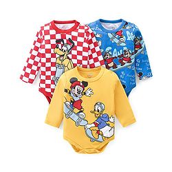 Babyhug Disney Interlock Knit Full Sleeves Onesies With Mickey Mouse and Friends Graphics Pack of 3 - Yellow Blue & Red