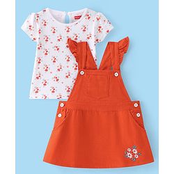 Babyhug Cotton Woven Half Sleeves T-Shirt With Frock Floral Print & Embroidery- White & Orange