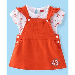 Babyhug Cotton Woven Half Sleeves T-Shirt With Frock Floral Print & Embroidery- White & Orange