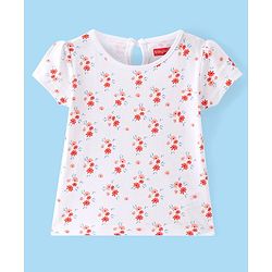 Babyhug Cotton Woven Half Sleeves T-Shirt With Frock Floral Print & Embroidery- White & Orange