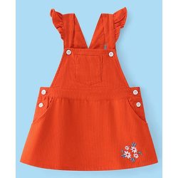 Babyhug Cotton Woven Half Sleeves T-Shirt With Frock Floral Print & Embroidery- White & Orange