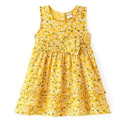 Babyhug Viscose Woven Sleeveless Frock with Floral Print & Bow Applique - Yellow