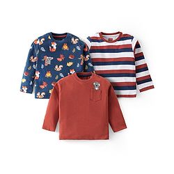 Babyhug Cotton Knit Full Sleeves T-Shirt with Animal & Striped Print Pack of 3 - Multicolor