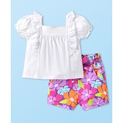 Babyhug Single Jersey Knit Half Sleeves Solid Colour Top & Shorts With Floral Print - White