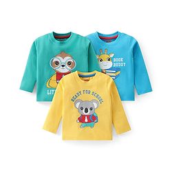 Babyhug Cotton Knit Full Sleeves T-Shirts with Text & Animals Graphics Pack of 3 - Blue Yellow & Green