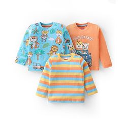 Babyhug Cotton Knit Full Sleeves T-Shirts with Stripes & Wild Animals  Graphics Pack of 3 - Blue Yellow & Orange