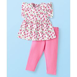 Babyhug Single Jersey Knit Frill Sleeves Floral Printed Top & Leggings Set - White & Pink
