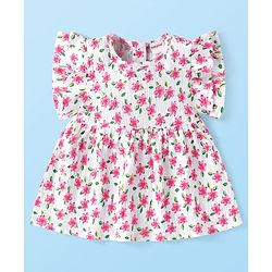 Babyhug Single Jersey Knit Frill Sleeves Floral Printed Top & Leggings Set - White & Pink