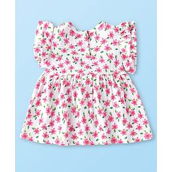 Babyhug Single Jersey Knit Frill Sleeves Floral Printed Top & Leggings Set - White & Pink