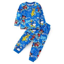 Babyhug Disney Cotton Knit Full Sleeves Night Suit with Mickey Mouse Print - Navy Blue