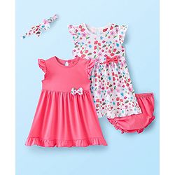 Babyhug Single Jersey Knit Sleeveless Frocks with Bloomer  & Headband Floral Print Pack of 2  - Multicolor