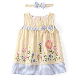 Babyhug Woven Sleeveless Flared Frock Floral Embroidered & Bow Applique With Headband - Light Yellow