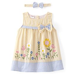 Babyhug Woven Sleeveless Flared Frock Floral Embroidered & Bow Applique With Headband - Light Yellow