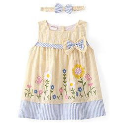 Babyhug Woven Sleeveless Flared Frock Floral Embroidered & Bow Applique With Headband - Light Yellow