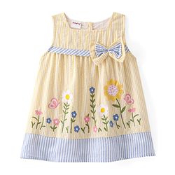 Babyhug Woven Sleeveless Flared Frock Floral Embroidered & Bow Applique With Headband - Light Yellow