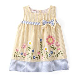 Babyhug Woven Sleeveless Flared Frock Floral Embroidered & Bow Applique With Headband - Light Yellow