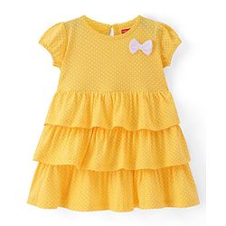 Babyhug Single Jersey Knit Cap Sleeves Knee Length Layered Frock with Bow Polka Dot Print - Yellow