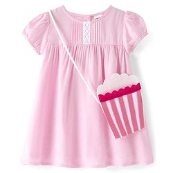 Babyhug Viscose Woven Half Sleeves Frock with Sling Bag Solid Color - Pink