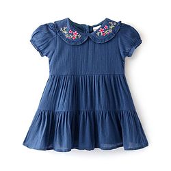 Babyhug Viscose Woven Half Sleeves Solid Frock with Floral Embroidery - Navy Blue