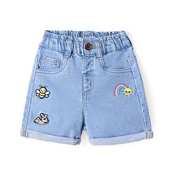 Babyhug Cotton Denim Washed Shorts with Rainbow & Honeybee Embroidery - Blue
