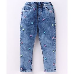Babyhug Denim Full Length Jeans with Star Embroidery - Blue