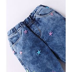 Babyhug Denim Full Length Jeans with Star Embroidery - Blue