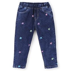 Babyhug Denim Full Length Jeans with Star Embroidery - Blue