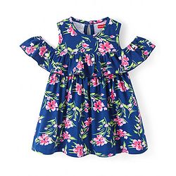 Babyhug Single Jersey Knit Cold Shoulder Sleeves Floral Printed Frock - Navy Blue